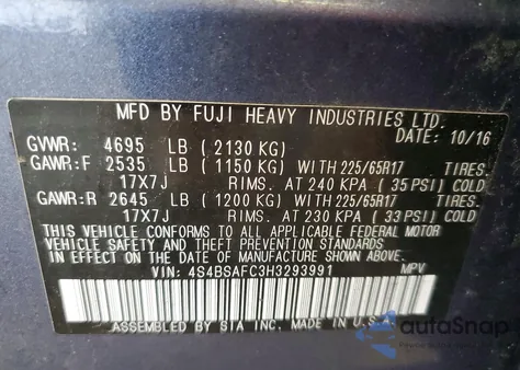 2017 Subaru Outback 2.5I Premium from USA, damaged, VIN 4S4BSAFC3H3293991